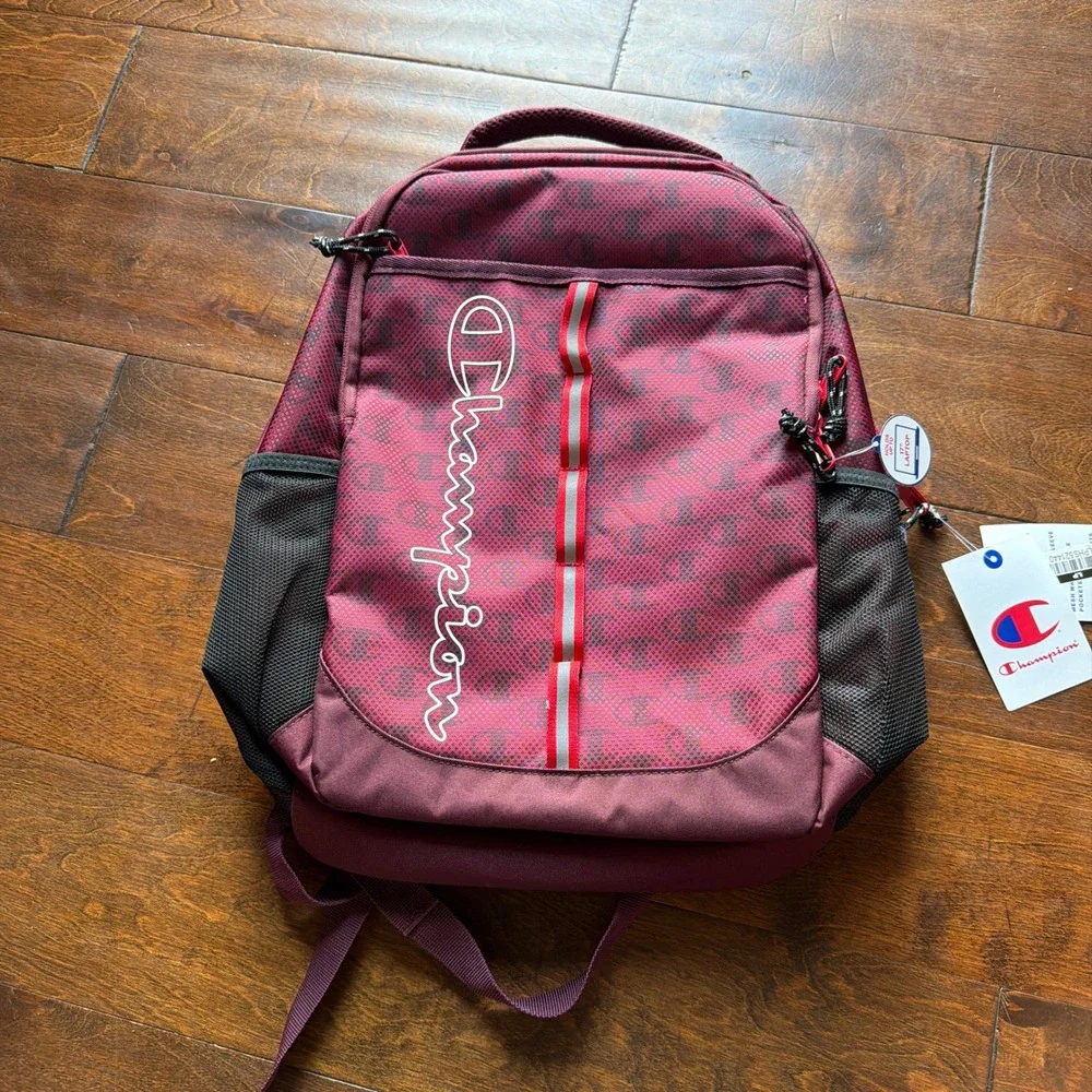 Champion Maroon Burgundy Logo School Backpack 17 Inch Laptop Sleeve  NEW